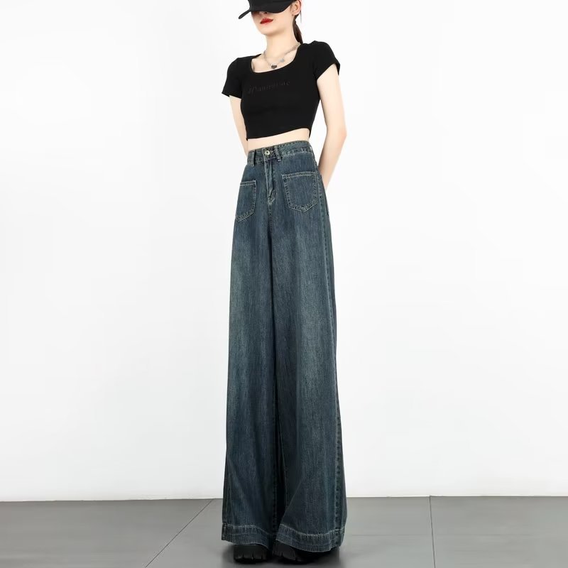 American Retro Wide-leg Jeans for Women 2024 Spring and Autum New High-waisted Loose Slimming Look Straight Floor-length Pants