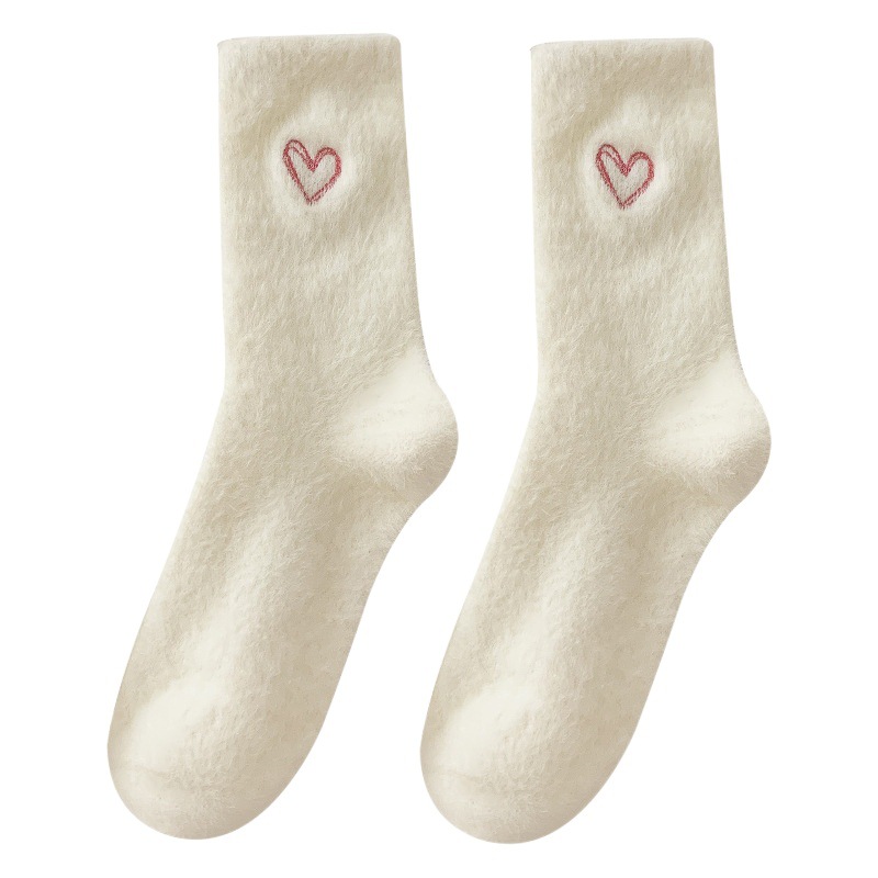 Socks women's mid-calf length socks autumn and winter thickened mink velvet embroidered love sleep floor socks winter warm stockings