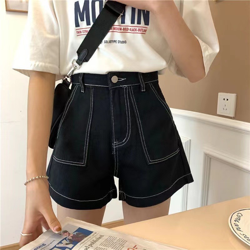 Picture of Summer New High-Waisted Denim Shorts for Women with Niche Design, Slimming Look and Belly-Covering Gradient A-Line Wide-Leg Pants Wholesale