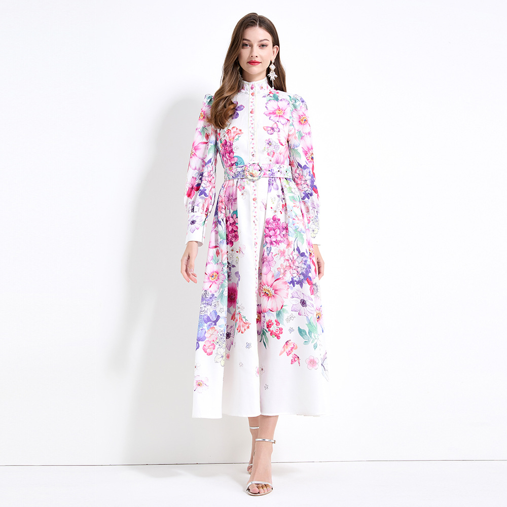 High-end Palace Style Vintage Vertical Collar Single-breasted Tight Waist Printed dress Women's European and American-style Slimming Elegant Long Skirt