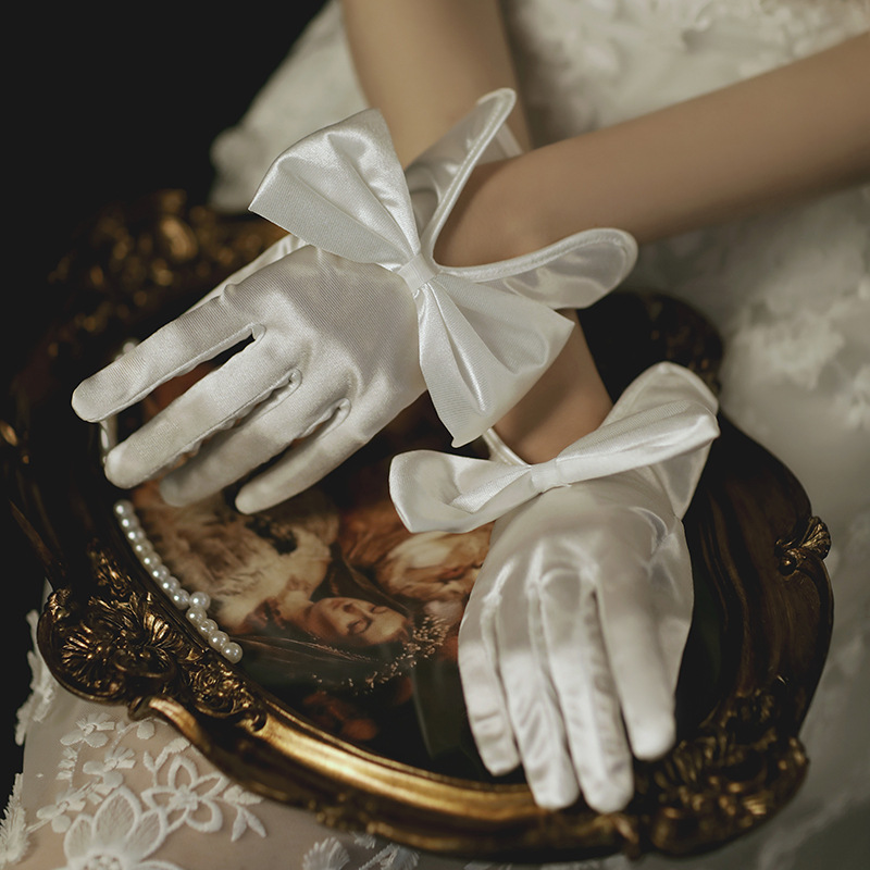 Wedding Dress Gloves Photography Photo Gloves Satin Large Bow Short Black/White 1040