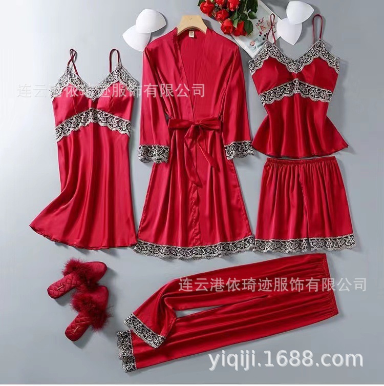 Ice Silk Pajamas Women's Spring New High-end Morning Gown Sexy Lace Women's Sling Nightgown Nightgown Set Home Clothes