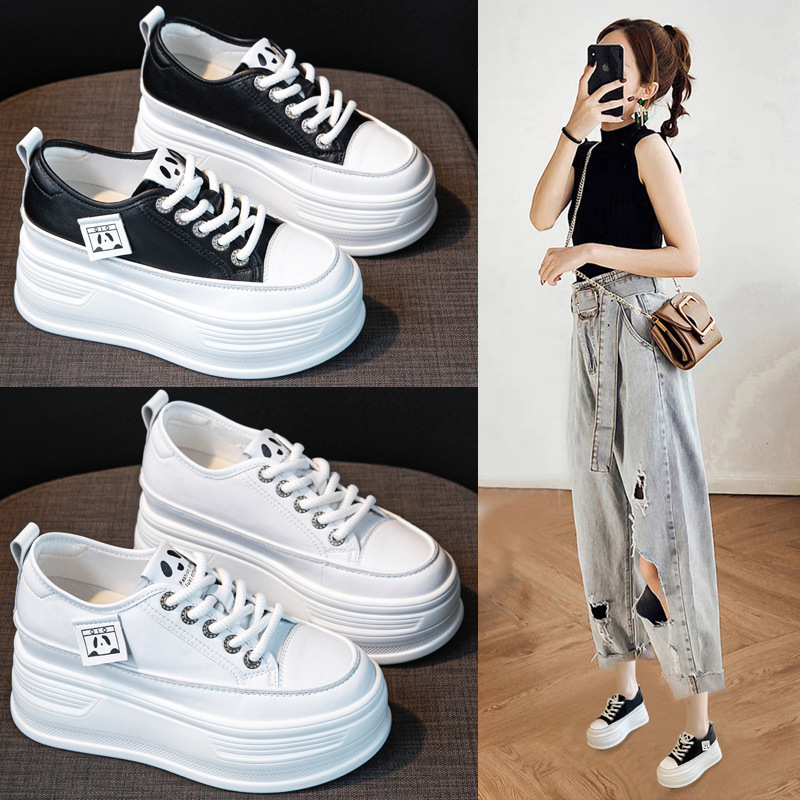 2024 Autumn New Korean Style Casual Shoes Thick Sole Fashionable Single Shoes Wedge Heel Lace-Up Student Shoes White Shoes Women's Shoes