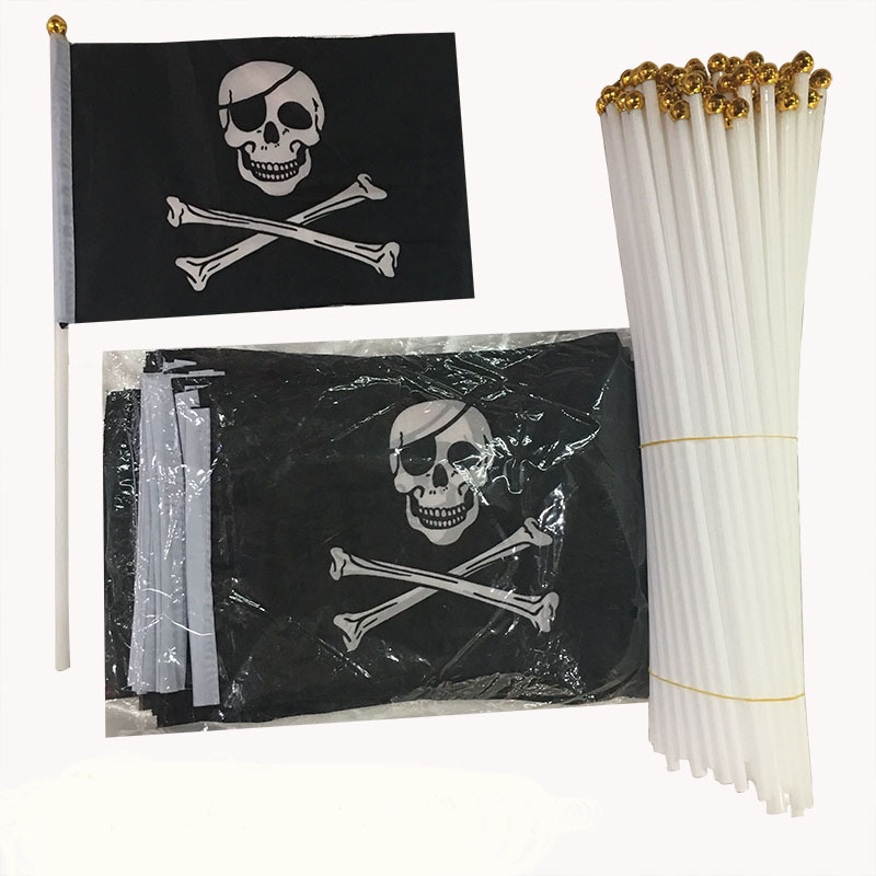 Picture of Cross-Border Supply Wholesale Solid Pole Bone Pirate Flag Halloween Flag 14*21cm Skull Pirate Hand-Waving Flag
