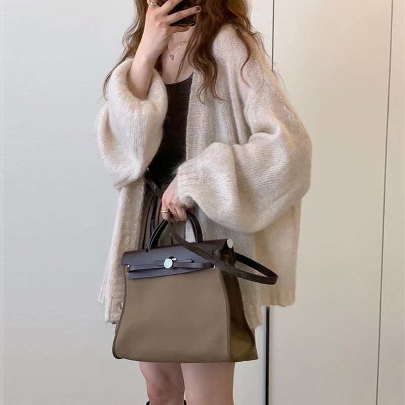 Picture of Mid-Length Lantern Sleeve Mohair Knitted Cardigan Jacket Women's Top Loose Lazy Thin Shawl Outer Top