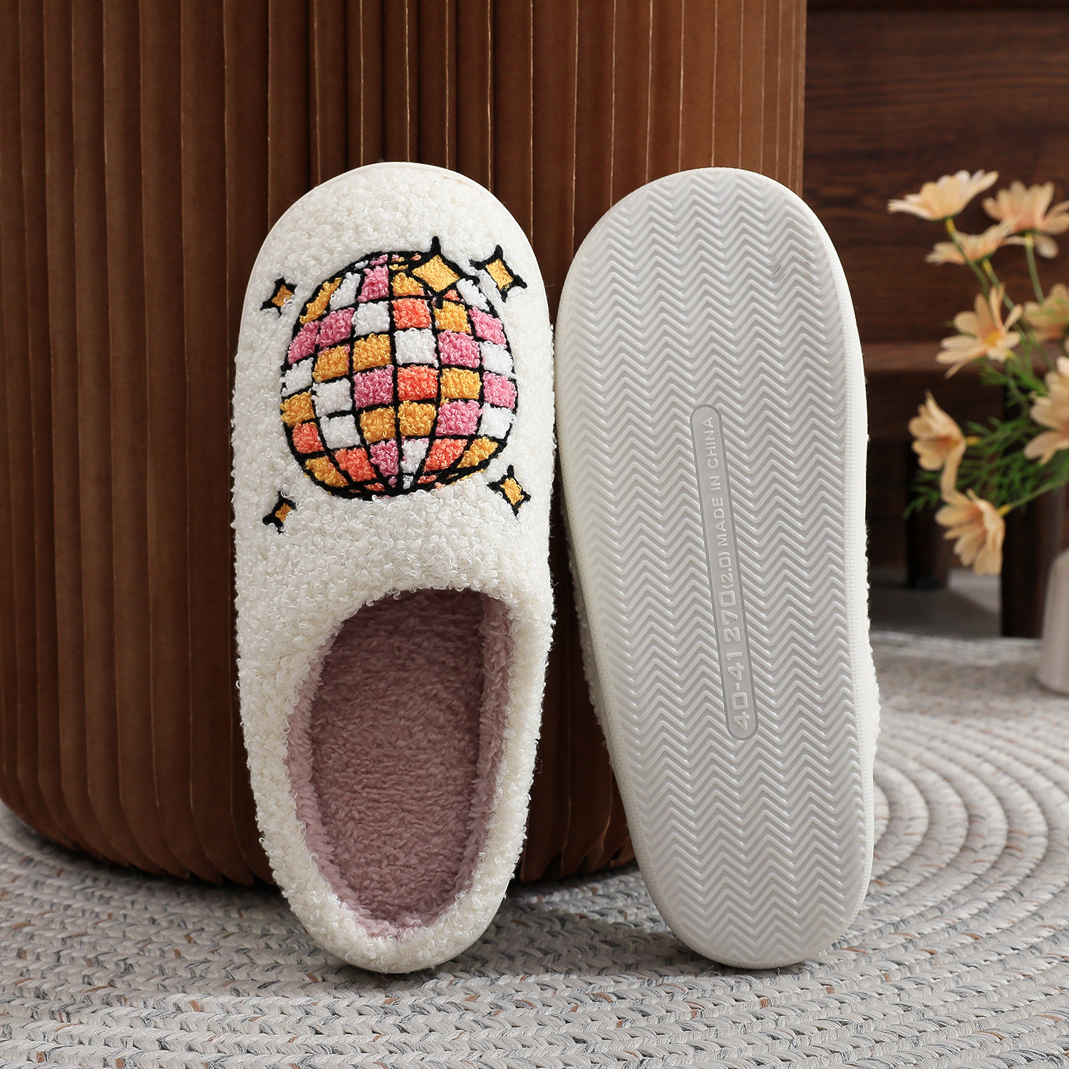 Christmas atmosphere nostalgic disco lights Denim cotton slippers for men and women indoor winter plush slippers plus size ins