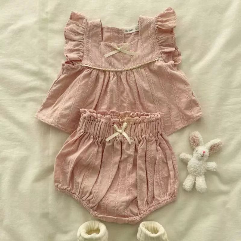 Pure Cotton Flying Sleeve Shirt Pants South Korea Baby Girl Sweet Foreign Style Princess suit Two-piece Set