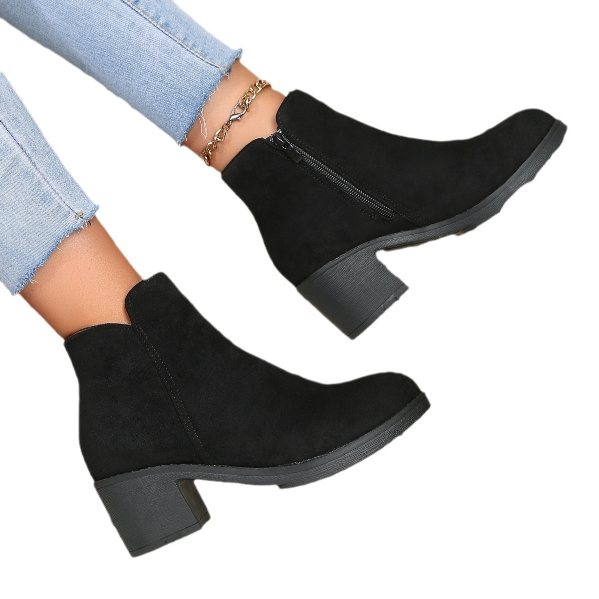 Picture of Foreign trade new plus-size suede side zipper short leg Martin boots women's cross-border round toe thick heel thin round toe skinny boots