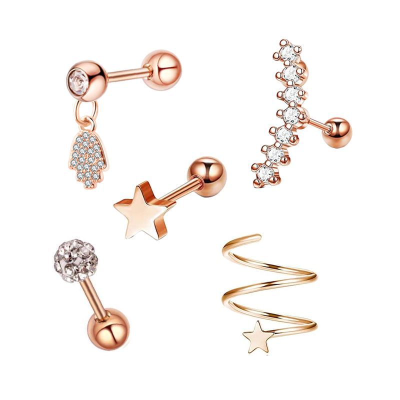 Picture of 5-Piece Set of Amazon Geometric Stainless Steel Zircon Earrings Cross-Border European and American Piercing Jewelry Silver Twisted Tooth Earrings