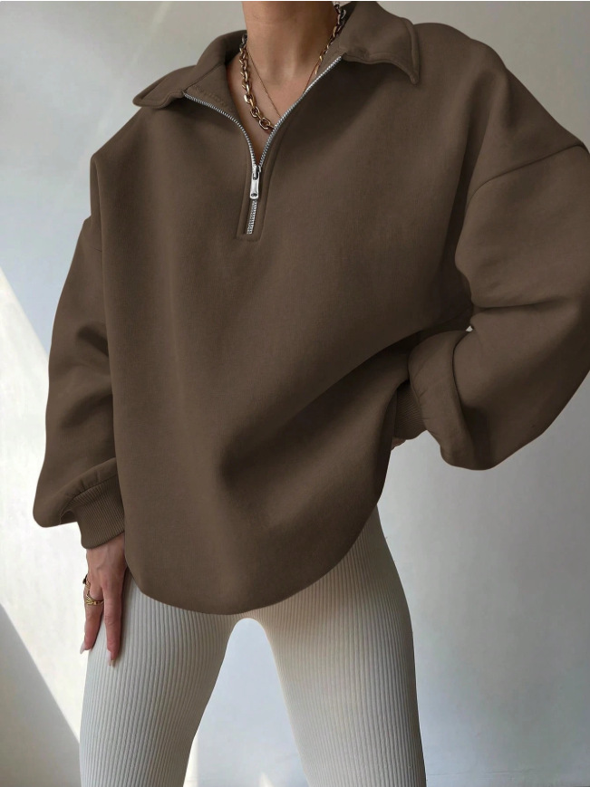 2025 Amazon New Autumn and Winter Women's Pure Color Loose Half-Zip Cardigan Long-Sleeved Simple Sweatshirt