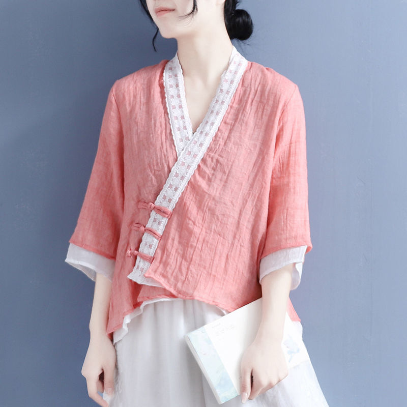 Chinese Style Top Lace Lace Buckle Lace-up Cropped Sleeve Shirt Women's Cotton Linen Summer Retro Top Women