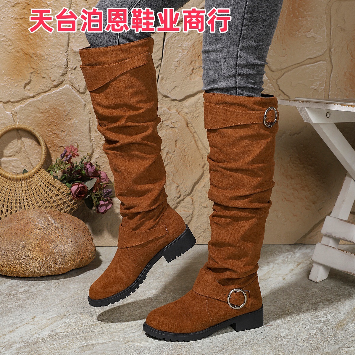 2025 Foreign Trade European and American Fashion Autumn/Winter New In-Stock Low Heel Pleated Women's Leather Boots, Western Denim Mid-Calf Women's Boots