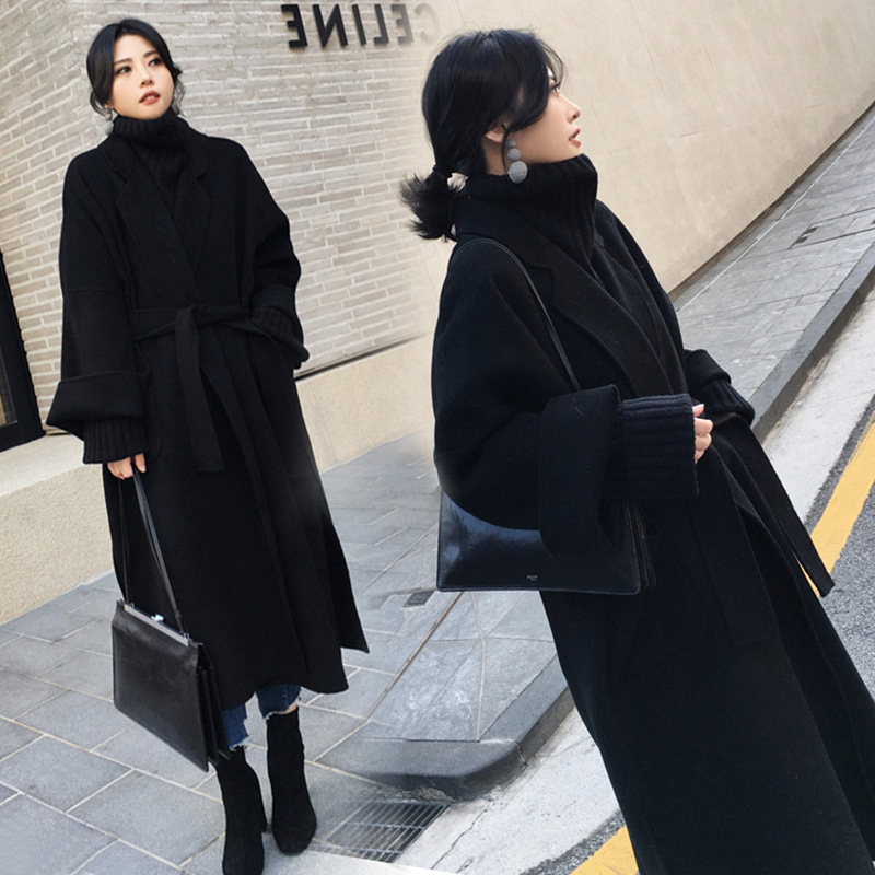 Picture of Black Woolen Coat Women's Winter Super Long Over-the-knee Lace-up Profile Double-sided Cashmere Handmade Woolen Coat