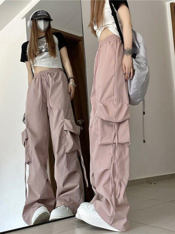 Picture of American Retro Quick-Drying Overalls for Women in Summer High-Waisted Straight Wide-Leg Ribbon Loose Casual Floor-Length Trousers Trend