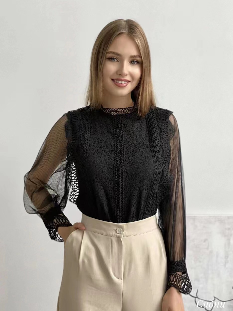 Europe, America and Russia Cross-border Foreign Trade New Elegant Solid Color Mesh Long Sleeve Puff Sleeve Crewneck Top Women's Lace Shirt