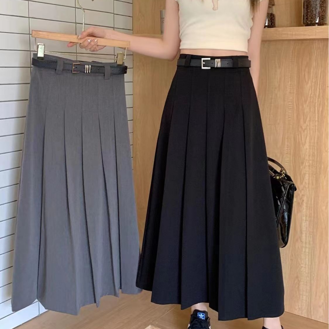 Spring and Summer New High-end Suit Skirt Hip Covering Slim Mid-length Pleated Skirt Loose Hidden Flesh A- line Long Skirt