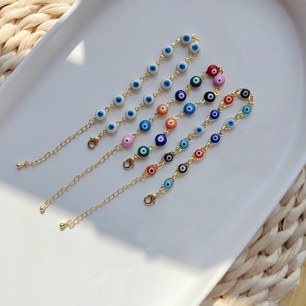 Picture of Cross-border European and American ins Bohemian Joker Beaded Copper Gold Plated Oil Drop Color Lucky Eyes Bracelet for Women Wholesale