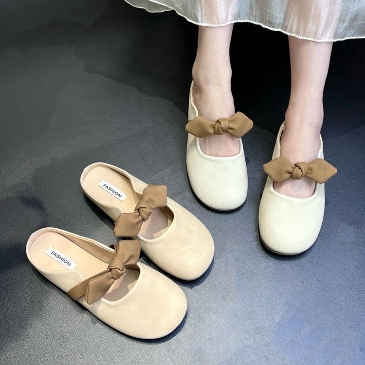 Slippers Fashionable Summer Women's Outer Wear 2025 New Style Bow Slip-On Flats-Soled Lazy Baotou Half Slippers for Women to Wear Outside