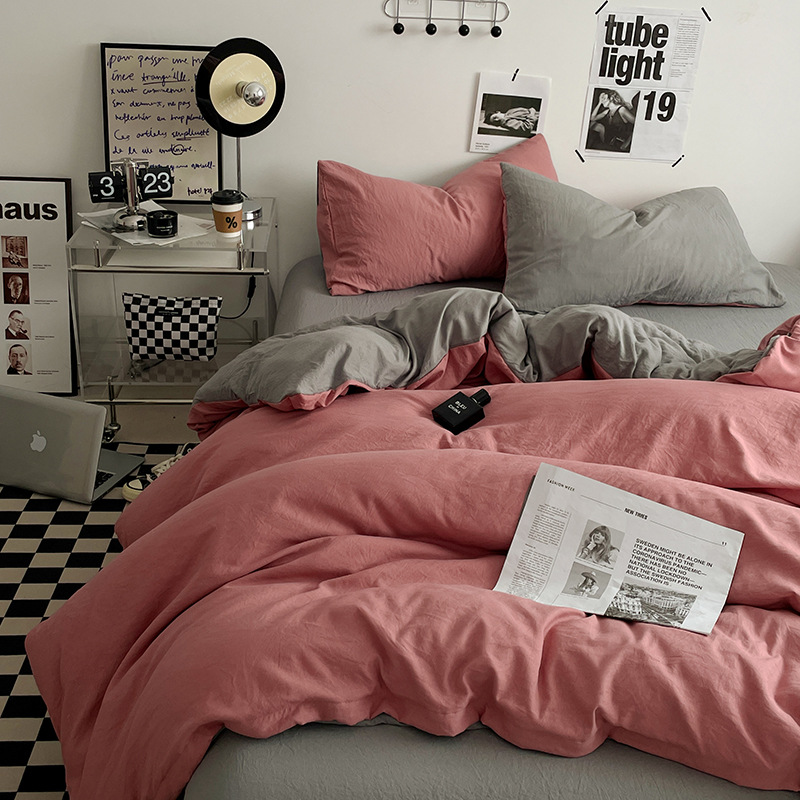 Picture of Four-piece bed set A can sleep naked wash cotton quilt cover solid color bed sheets student dormitory three-piece bed hat wholesale 4