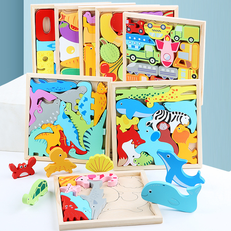 Cartoon animal Three-dimensional puzzle puzzle children's wooden puzzle early education hand grip board fruit and vegetable traffic toys