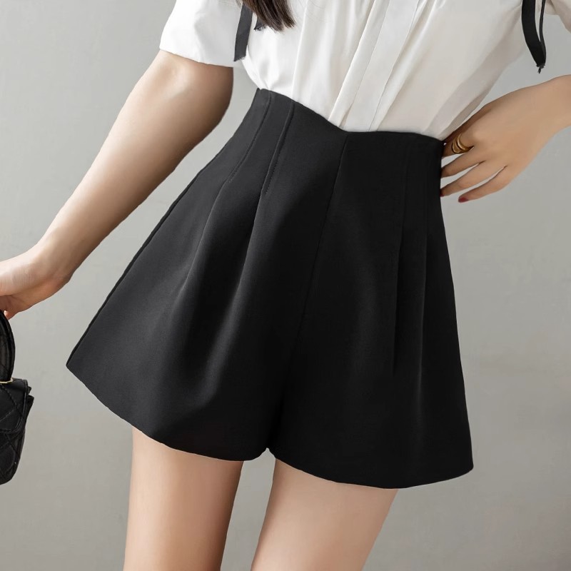 Spring and Summer 2024 New High Waist Shorts Women's Slimming Casual Dress Pants A- Shape Pear-Shape Black Wide-Leg Shorts