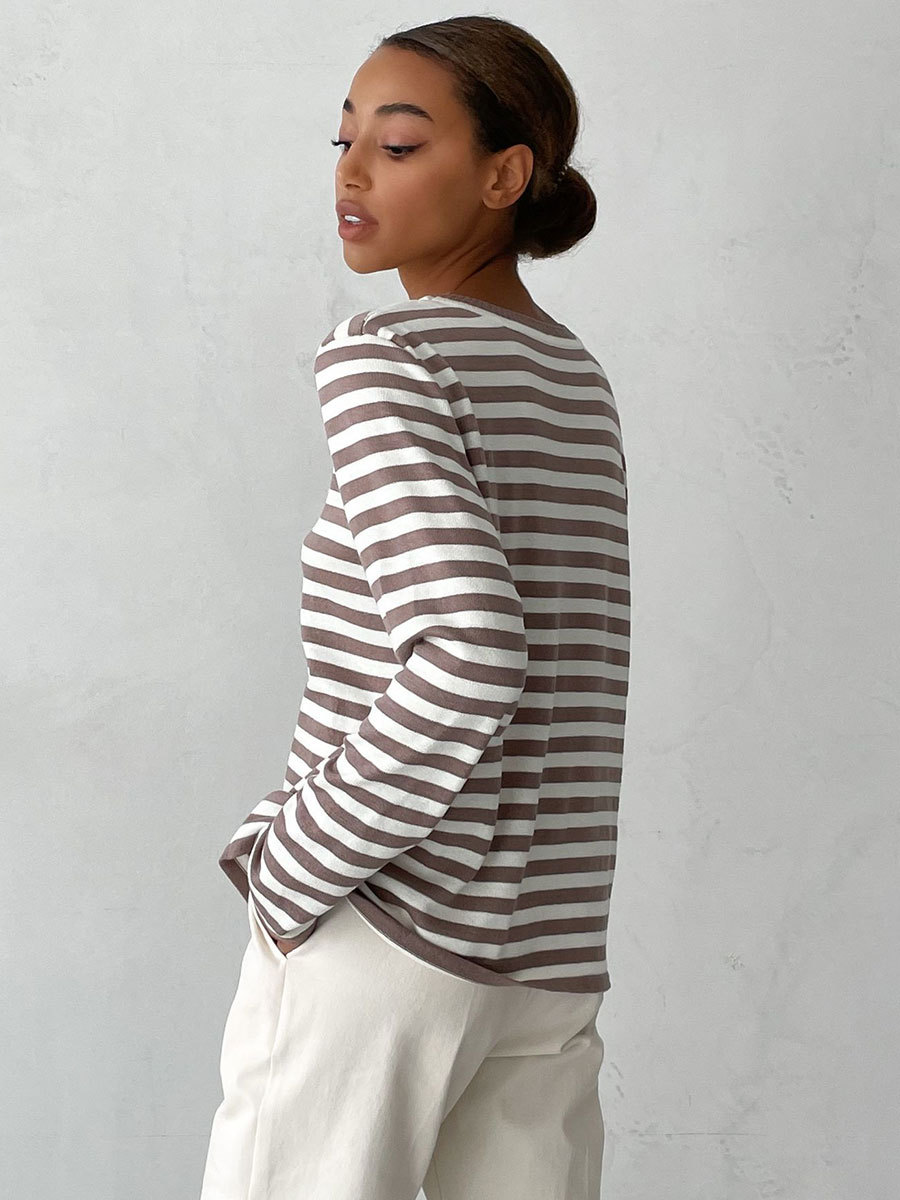 Picture of Cross-Border Round Neck Knitted Striped Sweater European and American 2025 Spring Versatile Classic Retro Striped Pullover Sweater for Women