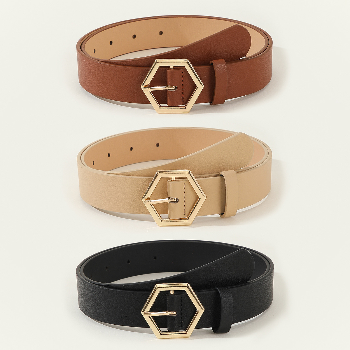 Cross-border Hot Sale Women Hexagon Star Golden Buckle Brown Beige Black PU Belt Casual All-match Business Dating