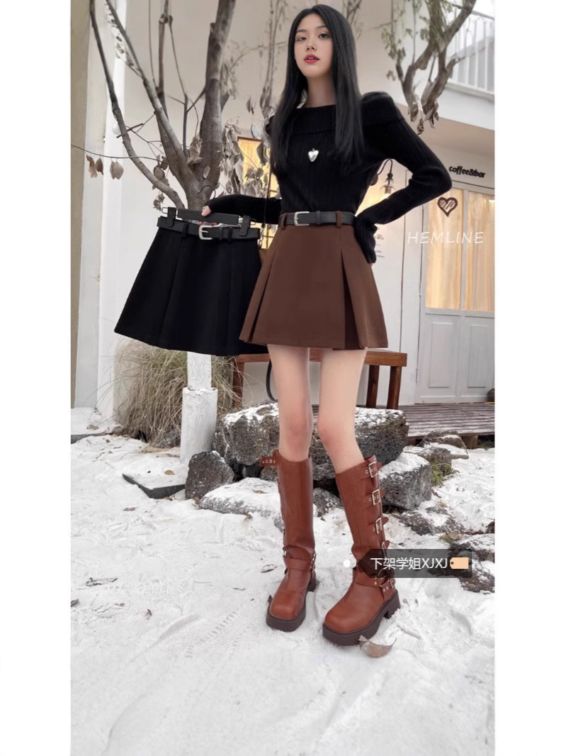 College Style Retro High Waist Woolen Skirt Women's Winter Grey High Waist Anti-glare A- line Skirt Hip Skirt Skirt