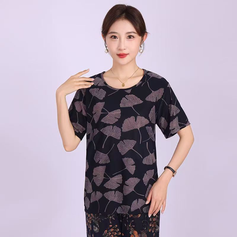 Picture of Middle-aged summer short-sleeved women's T-shirt mother outfit for the elderly loose elastic casual round neck plus size ice silk wholesale