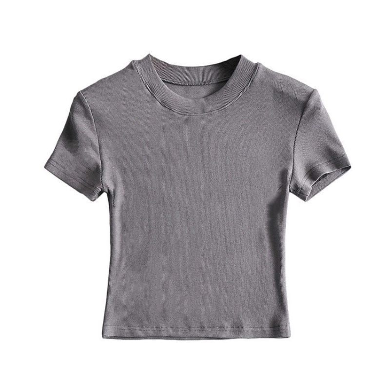 Picture of Hot girl sexy tight chest slimming round neck short sleeve t-shirt women's summer slim fit ins short navel bottoming solid color top fashion