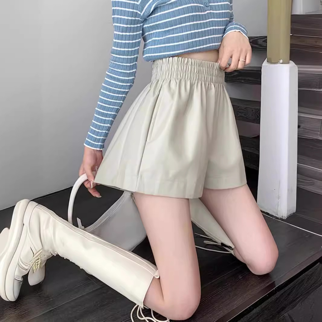 Puleather Shorts Women's High Waist Slimming 2025 New Autumn and Winter Casual Loose Base Wide Leg Outer Boots Pants