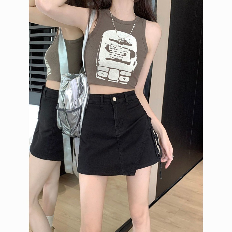 Denim skirt women's summer 2024 new design irregular drawstring high waist slim A- line skirt