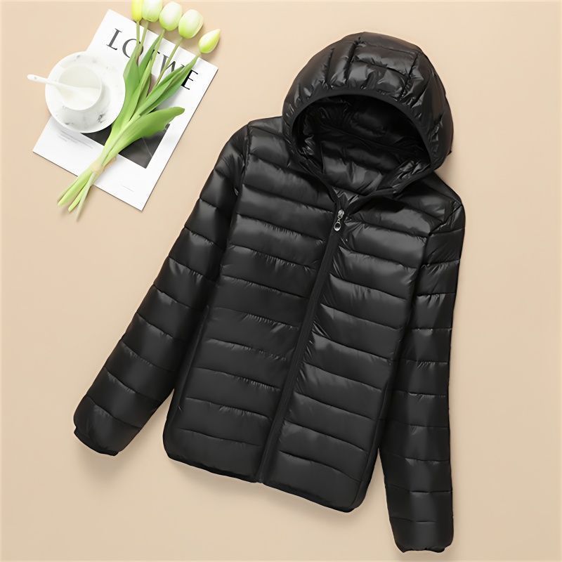 Women's Short Thin Down Cotton-padded Jacket Women's Black Hooded Lightweight Cotton-padded Coat Autumn and Winter Lightweight Slim-fit Coat plus size