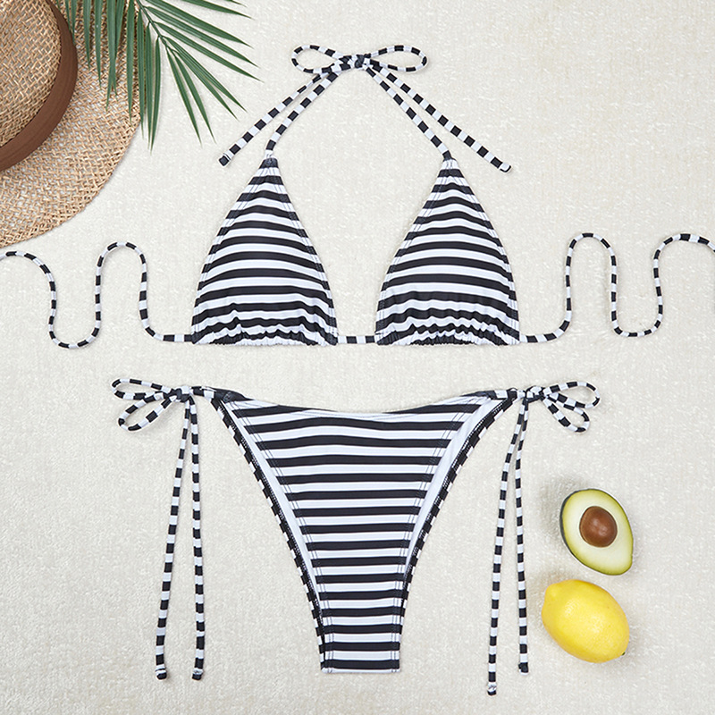 Three-Piece Swimsuit, Three-Point Striped Bikini, Swimming Bra with Pads, No Underwire, Striped Style Swimwear, Women's Sports Style