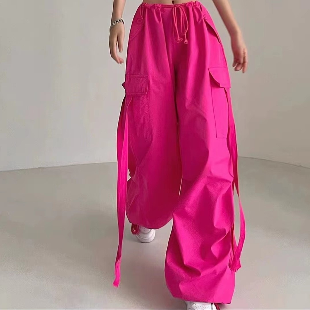 2023 Summer American Street Loose Slim Drawstring Ribbon Overalls Wide Leg Casual Pants Trendy