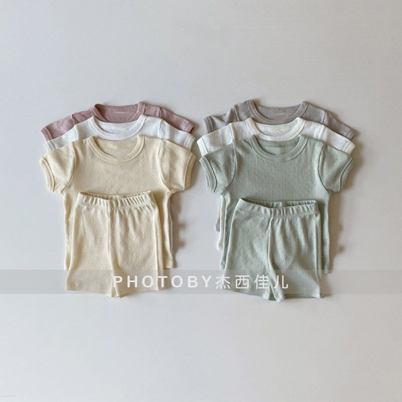 Korean Style ins Summer New Baby Boys and Girls 2023 Short-sleeved Home Suit Hollow Neutral Two-piece Set