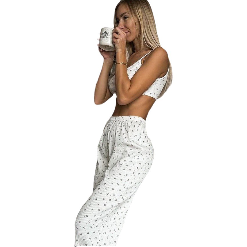 Spring and Summer New Love Printed Ruffled Long-Sleeved Vest, Trousers and Pajamas Three-Piece Set Cross-Border Home Wear for Women