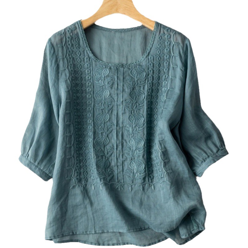 Women's Cotton Linen Thin Embroidered Summer New Arrival Round Neck Top Artistic Retro Breathable Puff Sleeve Short Sleeve Women's T-shirt