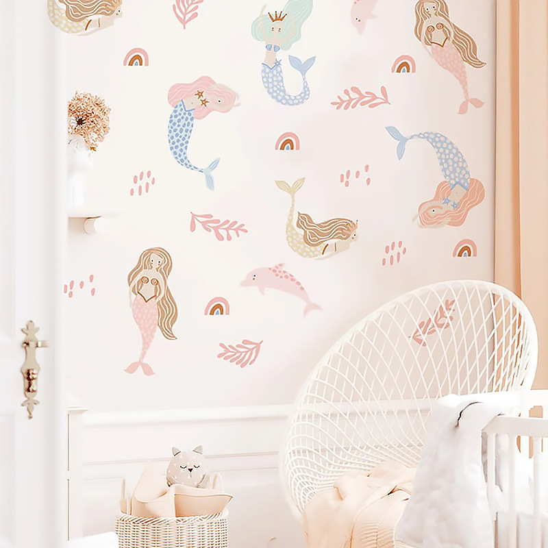 Cartoon watercolor wind summer mermaid girl bedroom decorative wall stickers pvc self-adhesive rainbow leaf window stickers cross border