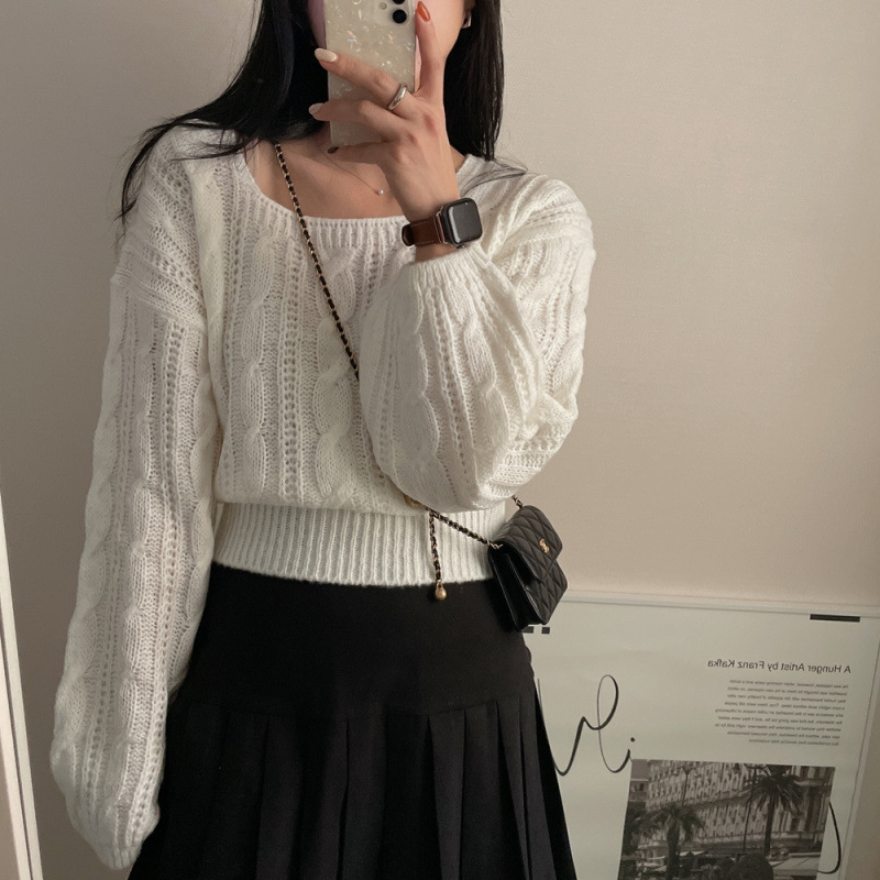 Korean Style Twist Sweater Winter Korean Style Lazy Style Lantern Sleeve Solid Color Square Collar Pullover Long Sleeve Sweater