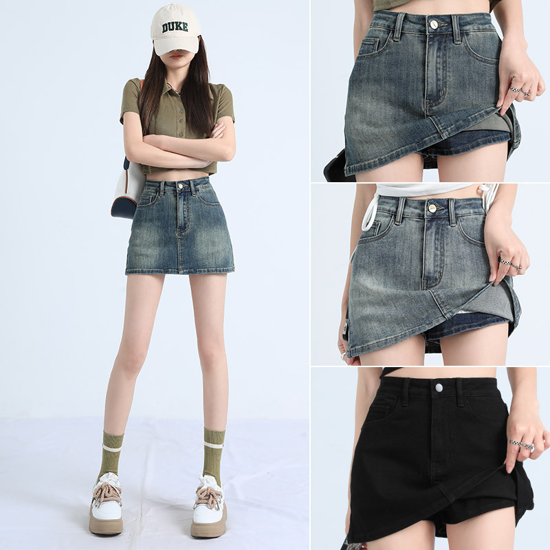 American Spring and Summer High Waist Stretch Slimming Retro Denim Skirt A- line Skirt Women's Anti-glare Hot Girl Hip Denim Skirt