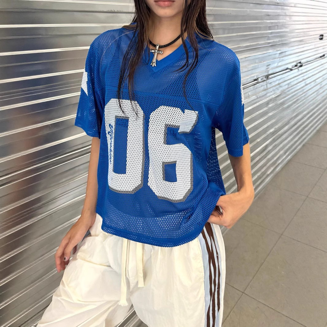 Summer Loose and Versatile Sports Tops American Retro Street Mesh Cut Out Letters V Neck Jersey Half-Sleeved t for Men and Women