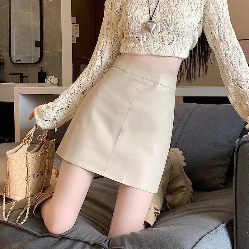 Puleather Skirt Skirt Women's Early Autumn 2023 New High Waist Spice Girl Petite Anti-walking A- line Hip Skirt