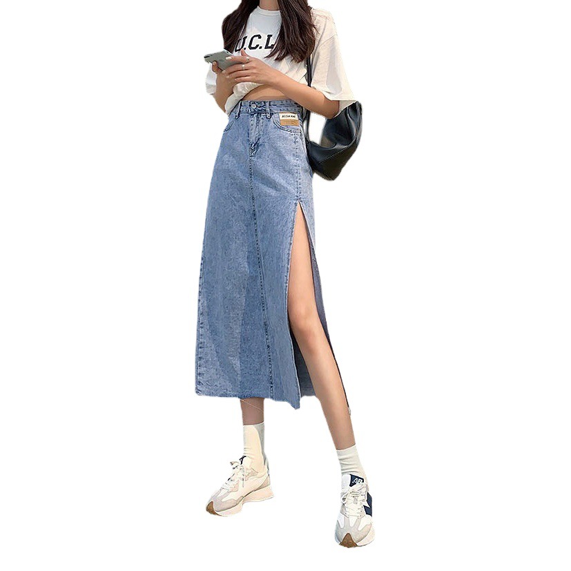 High Waist A- Line Denim Skirt Women's Summer Irregular Slimming Mid-Length Split Short Hip Skirt ins Trendy