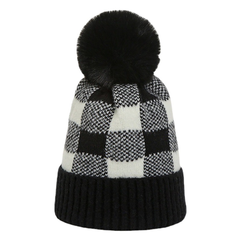 Picture of Korean Style Women's Autumn and Winter Warm Hat with Artistic Plaid Design, Rabbit Fur Pom-Pom, Fashionable Knitted Hat with Artistic Flair