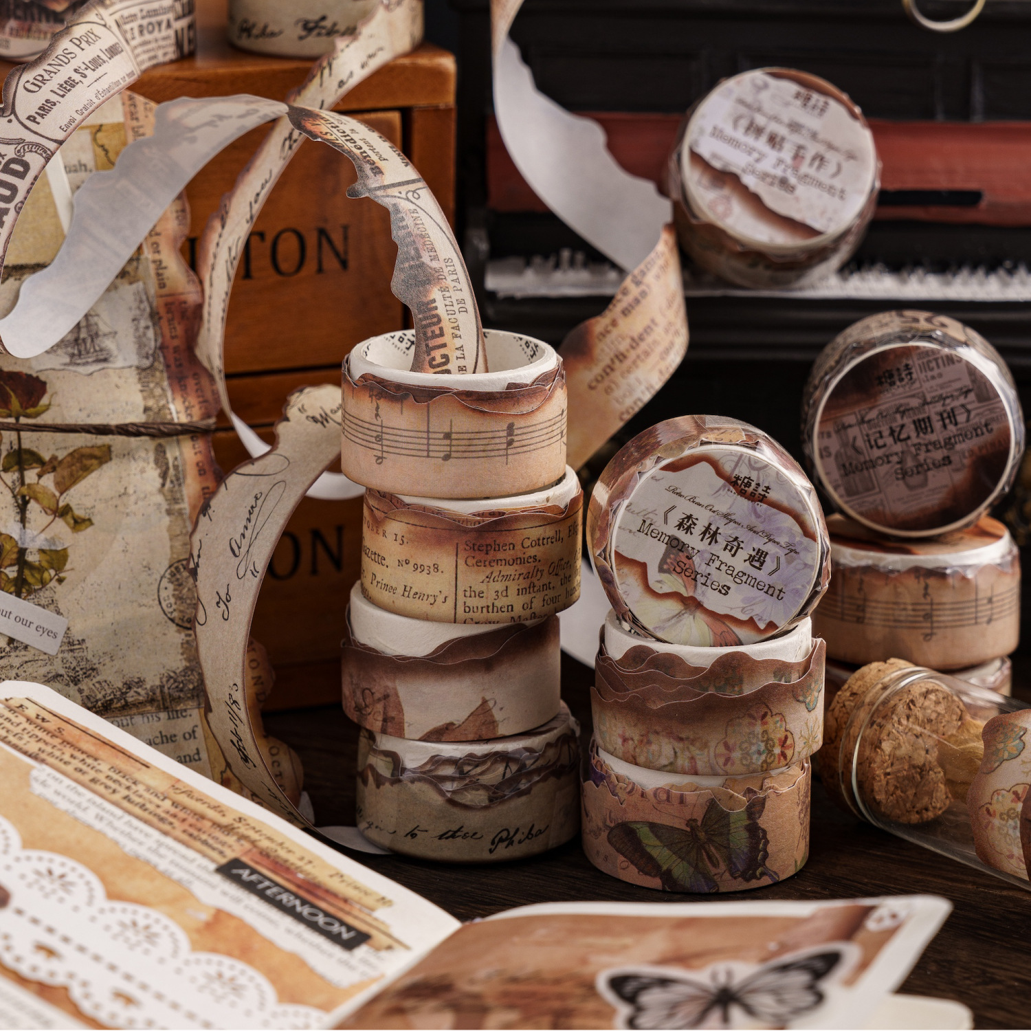 Sugar poetry and paper special-shaped tape memory fragment series retro burnt hand account DIY loop stickers 8 types