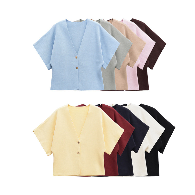 Summer New European and American Women's Loose Casual Short-Sleeved V Neck Short-Sleeved Knitwear Multi-Color Knitted Bat-Sleeve Top