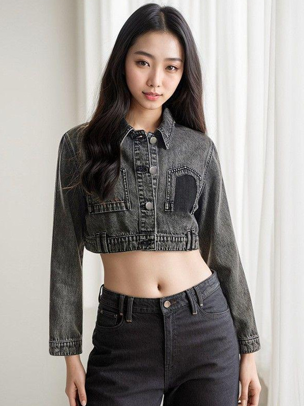 Cross-Border Retro Short Denim Jacket for Women, Spring and Autumn Style, New Niche Jacket, Loose Casual Denim Coat with Long Sleeves