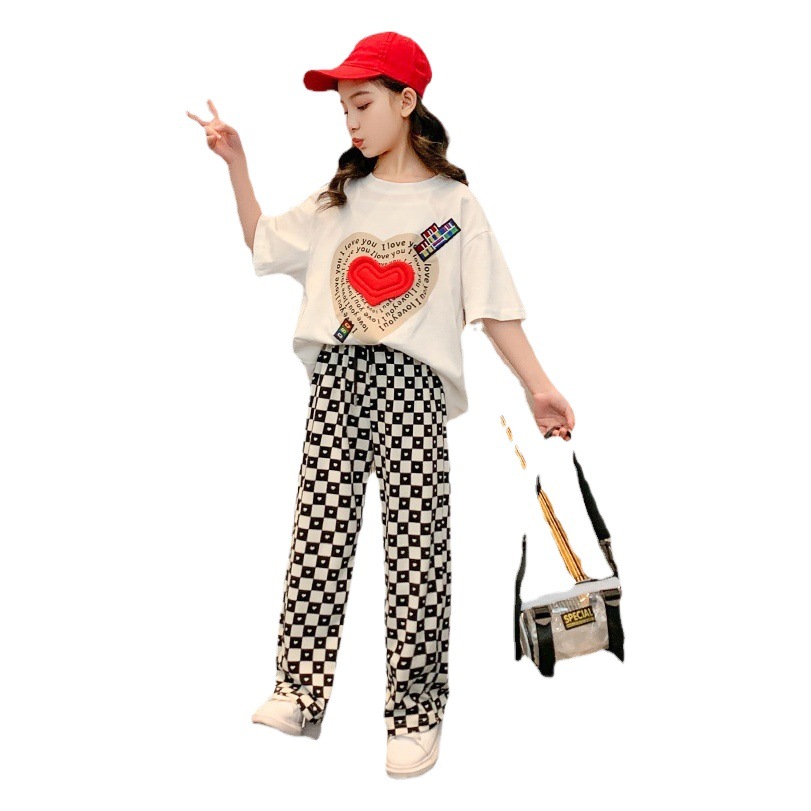 Summer Girls' Internet Celebrity Fried Street suit Children's Casual Sportswear Summer Clothes Women's Big Children's Short-sleeved Fashionable Western Style Children's Clothing