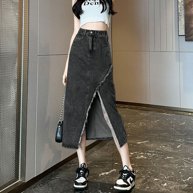 Women's Half-length Denim Skirt Black Grey Ins Style High Waist Irregular Split Straight Barrel Niche Thigh Covering Hip Skirt